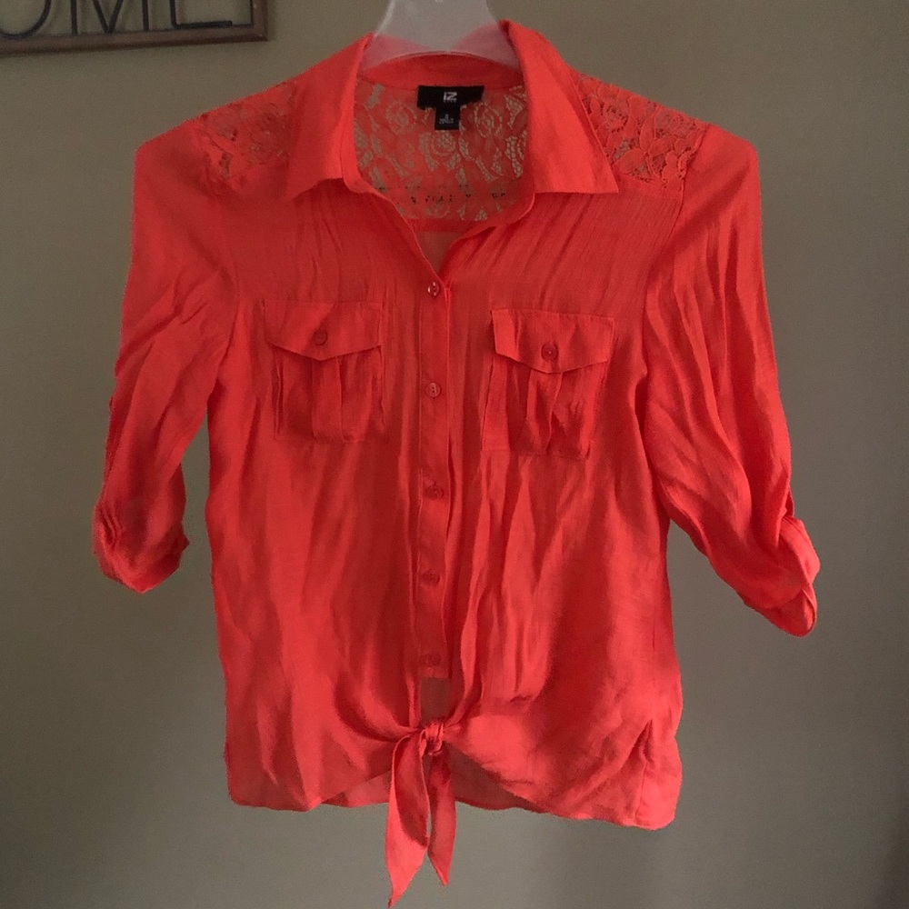 🧡 Orange Lace Back - Tie Front Button Up